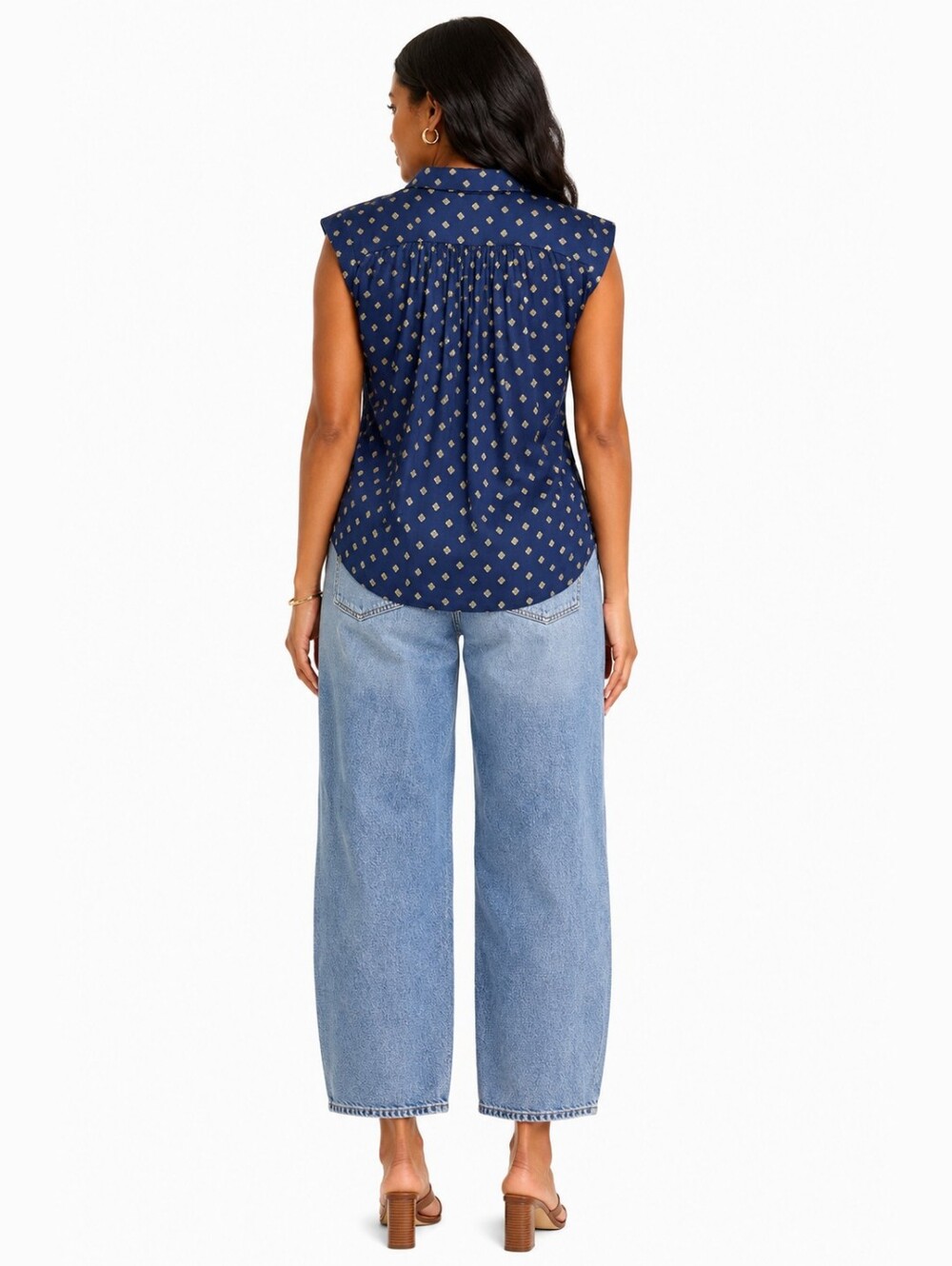 NWT Free People Blue Printed Sleeveless Tie-Front Shirt Size M - Picture 2 of 6
